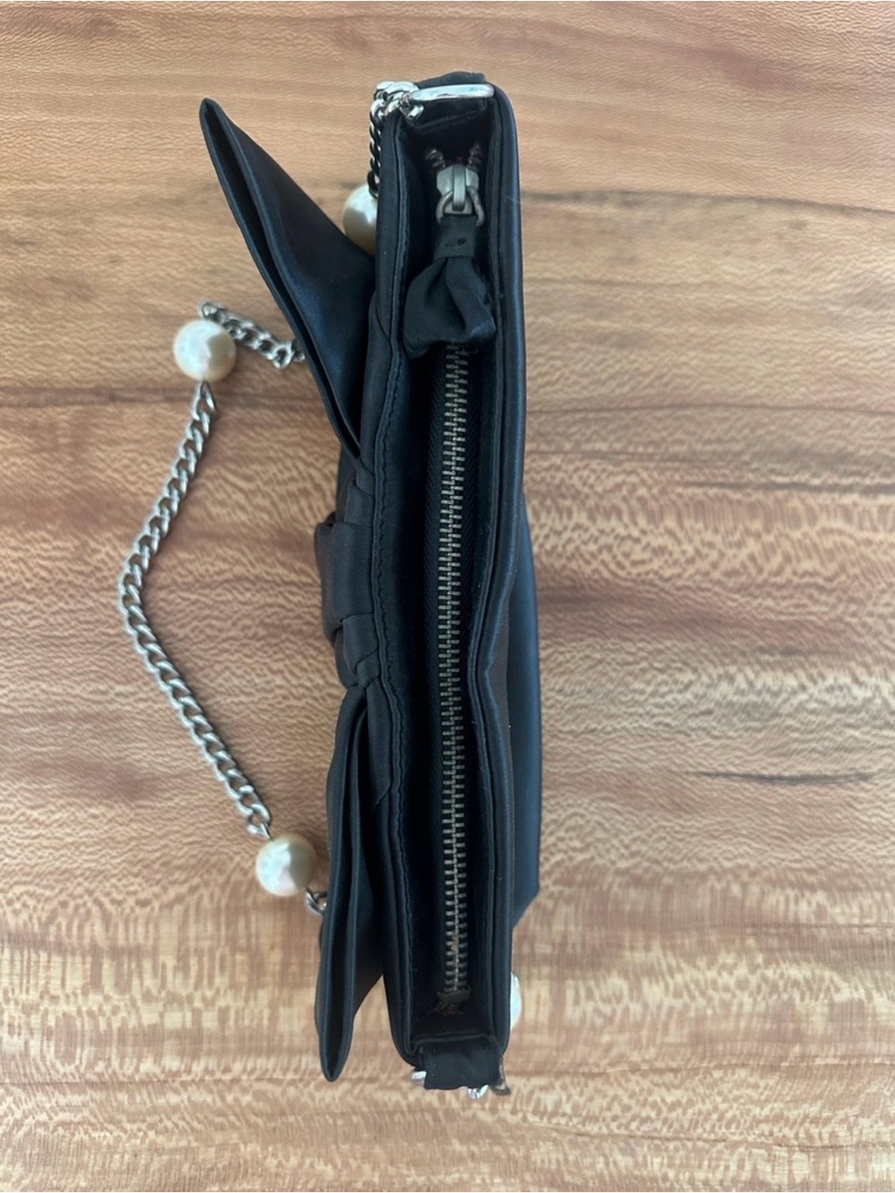 White House Black Market Black Bow-Front Evening Shoulder Bag with Pearl Chain - Picture 6 of 12